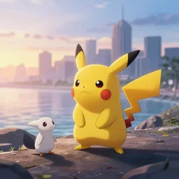 pokemon battle of pikachu vs mew on marine drive, anime, soft light, sunset, skyline, sea, cinematic, high resolution, detailed, concept art, cool atmosphere, fog, trending, stunning shot