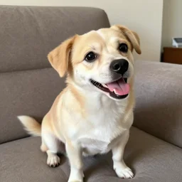a laughing dog sitting on a couch with its head cocked to the side.