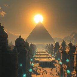 futuristic solarpunk egyptian city with temples with a giant pyramid and orbs with a bright sun with crepuscular rays highly detailed digital art