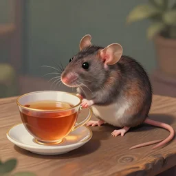 A mouse cozied up for the evening sipping tea