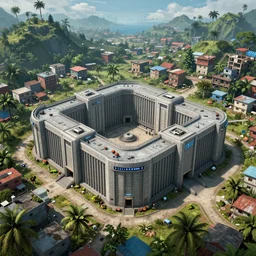 small futuristic maximum security prison surrounded by many poor slums, tropical climate, award winning, video game concept art, scifi dystopian, UE5