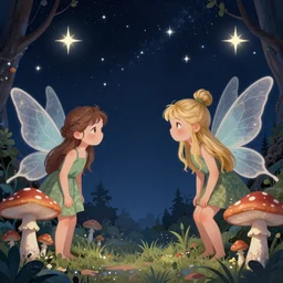 stars in the sky, fairies with detailed faces, enchanted forest, mushrooms on the ground, psychedelic, wide angle shot, white background, vector art, illustration by frank frazetta