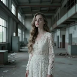 cinestill 5 0 d wide portrait of a dreamy dystopian beautiful woman by annie liebovitz stand in a decrepit communist factory, long hair, wearing long lace, elegant, highly detailed, pale eink matt, soft blur, artstation, sharp focus, head in focus