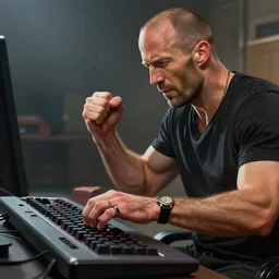 jason statham fighting keyboard, half body shot, path traced, fight scene, highly detailed, high quality, digital painting