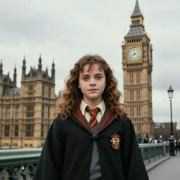Photograph of Hermione Granger standing in front of Big Ben. Extremely detailed. Cinematic. 4K. Award winning photography.