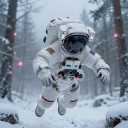 close - up shot of flying body of space astronaut in weightlessness inside siberian snow forest, small foggy and gloomy, pink lights, bokeh background, highly detailed science fiction illustration by jeremy geddes. photorealistic, octane render, hyper detailed, 8 k, movie still, artstation, unreal engine