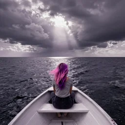 analogue aurochrome photo of a womam with pink-purple hair alone in a boat in the sea, shot from the back, extreme long shot
