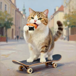 happy cat standing on a skateboard while eating sushi, in legnica, oil painting