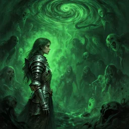 side profile, imogen poots, corrupted armor, gloomhaven, luminescent, falling through a void of haunted green swirling souls, evil inky swirly ripples, sickly green colors, by greg manchess, huang guangjian, gil elvgren, sachin teng, greg rutkowski, jesper ejsing, ilya kuvshinov