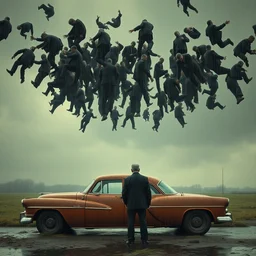 thousand men falling from the sky, magritte, a man standing next to an old car in the rain, camera from behind, trending in artsation, stefan koidl