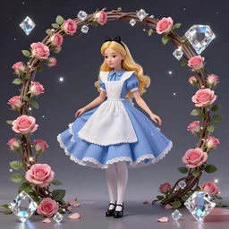 Alice in Wonderland,Diamonds Blaze,Rose twining,out of time and space,dreamy, eternity, romantic,highly detailed,in the style of Alphonse Maria Mucha, highly detailed,night lighting