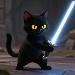 a black cat from starwars weiding a light saber