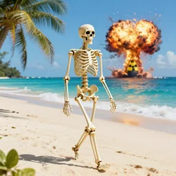 High resolution photo of relaxed skeleton walking on the tropical beach with nuclear bomb explosion on the ocean, high quality, trending on Artstation, realistic, vibrant light color scheme, anatomically accurate skeleton, coherent, photorealism