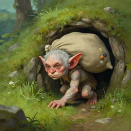 portrait of a small goblin crawling out of a hovel on a hill side carrying a sack of body parts over his shoulder. art by tomasz alen kopera.