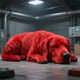 a giant red dog the size of an house, sleeping, golden ratio, cinematic, trending on artstation, deviantart and cgsociety, high resolution, industrial lighting, photorealistic, octane render, 8 k, depth of field, 3 d