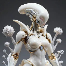 hyper detailed ultra sharp portrait of a beautiful well contoured porcelain ivory smooth fair cyborg warrior xenomorph model, up close shot, sharp focus, global illumination, radiant light, biomechanical white silver gold rhizomorphs headdress, cyberpunk brackets, laser cut paper microbes, bubble mushrooms, puffballs, alexandre ferra white mecha, irakli nadar, alexander mcqueen, octane highly render, 4 k, ultra hd,