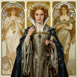 beautiful young medieval queen by zdzisław beksinski, alphonse mucha, iris van herpen, jean delville, james jean, visionary, symbolist