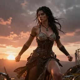 powerful godess fighting in a hard battle against evil realistic sunset light rainy award winning, trending on artstation, unreal engine