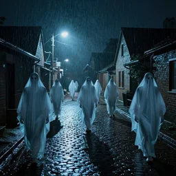 ghostly whisps wander the empty streets at night, lighting up the wet cobble stones with ethereal blue as the rain falls in the village 70mm