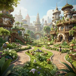fantasy gardens in steampunk city