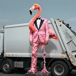 shredded physique feathered tall neck beak Portrait of Samuel Beckett camouflaged as Flamingo whilst wearing a pink tuxedo Standing atop a Garbage Truck Greg Rutkowski Vik Muniz Paul Cezanne Andrew Wyeth Dan Witz