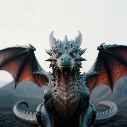 film photography, portrait of a handsome dragon staring at the camera, fantasy, volcanic background, award - winning photography