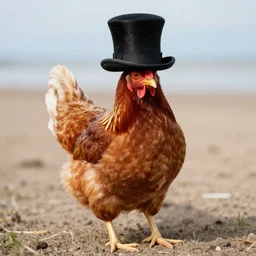 a chicken wearing a tophat on the beach
