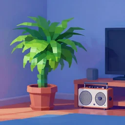 a digital painting of a room containing a swaying potted plant and a radio, a low poly render by edward okun, symmetry, polycount, computer art, vaporwave, # screenshotsaturday, voxel art