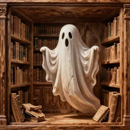 a wood carving of a ghost haunting a library