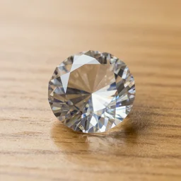 dslr closeup photo still of a massive faceted cut diamond on an oak table with realistic caustics on table, 8 k, 8 5 mm f 1. 4