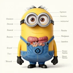 Anatomical drawing of a Minion, with organs labeled. Highly detailed. Voynich Manuscript. Medical Textbook