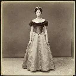 anne hathaway, queen, portrait, full body, symmetrical features, silver iodide, 1 8 8 0 photograph, sepia tone, aged paper, sergio leone, master prime lenses, cinematic
