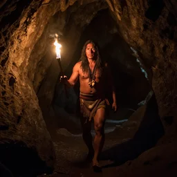a indigenous man with long hairs walks in a deep cave , he has a torch in his hands, in alan lee and marc simonetti and emil melmoth style  , cinematic lighting