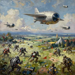 world war 1 landscape with zergs and cylons attack in their spaceships, omniously beautiful painting, trending on artstation, 4k,