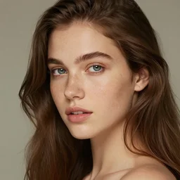 a beautiful young woman with brown hair and freckles