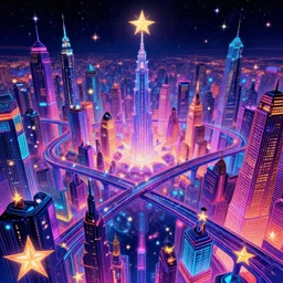 magical city made of stars with infinite bridges, highly detailed, bright neon colors, synthwave, cinematic, rene laloux, luigi serafini, paul lafolley, da vinci, gerald scarfe, kubrick, roger dean, lisa frank, boris vallejo