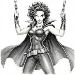 scarlett johansson as spawn with swinging chains and cape in afro samurai anime style pencil and ink manga, full body action pose, dramatic lighting in a post apocalyptic cyberpunk city, at night with dramatic moonlight