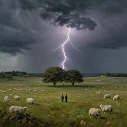 artwork of the cinematic view of a landscape of normandy by rene magritte, de - noise, stormy weather, thunderbolt, couple of groves, sheep pasture, landscape view, wallpaper