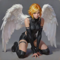 oil painting of tracer overwatch in the style of sophie anderson, on knees, angel wings, black outfit,