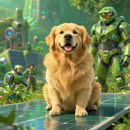 studio ghibli, fat golden retriever, solar, green technology, optimist future by asher durand. intricate artwork by tooth wu and wlop and beeple and dan mumford and greg rutkowski and nekroxiii. halo. octane render, cinematic, hyper realism, octane render, 8 k, depth of field, bokeh. iridescent accents. vibrant