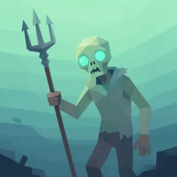 low poly painting by greg rutkowski of a drowned zombie holding a trident with glowing cyan eyes, wearing ragged clothing, holding a trident, underwater, pastel green and blue color palette