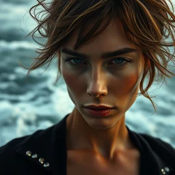 close up of face of a fashion model at the ocean, rough waves, dramatic colors, editorial by annie leibovitz, highly detailed