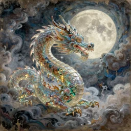 concept art of translucent chinese dragon, lovecraftian, renaissance, melting, round moon, rich clouds, fighting the horrors of the unknown, very detailed, volumetric light, mist, fine art, decaying, textured oil over canvas, epic fantasy art, very colorful, ornate intricate scales
