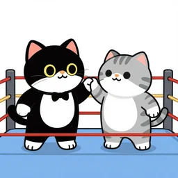 a cartoon of a tuxedo cat and a fat gray striped cat in a wrestling ring