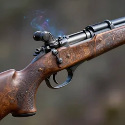 etched carved designs in the stock of a rifle, digital painting, intricate detail, professional photography, 70mm, depth of field, magical aura, stunning, gorgeous, beautiful