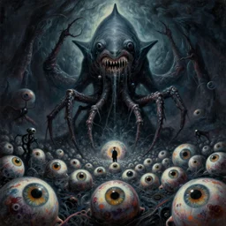 otherworldly massive cthulu god rising over a grim obsidian landscape made of eye balls, painting by donato giancola, john berkey, edvard munch, dore, thomas moran, jackson pollock, hp lovecraft, terror infinite eyes horror shark spider tentacle insect alien madness and insanity