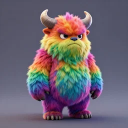 full body 3 d model of a vibrant rainbow colored adorable grumpy furry monster with fuzzy horns, a 3 d render by wendy froud, centered, character concept, concept art, dark rainbow colored fur, zbrush, furry art, rendered in maya, colorful, cinema 4 d, behance hd, daz 3 d, cgsociety, matte background