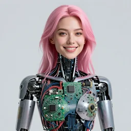 portrait of a smiling gorgeous beautiful woman robot cyborg with pink hair and missing panels that expose electronics, circuit boards, wires, electronics, intricate, abstract, wire management, transistors, traces, capacitors, sci - fi, concept art, octane render, deviantart, cinematic, hyperrealism, portrait photograph, nikon