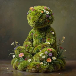 a beautiful fantasy painting of a sculpture made of moss and flowers