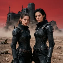 cinestill 5 0 d photographic portrait of two loving female androids wearing rugged black techwear on a desolate plain with a red sky, extreme closeup, lizard on ground, cyberpunk style, in front of a brutalist dark metal facility, dust storm, 3 5 mm, f / 3 2, ultra realistic faces, 8 k, hd, high resolution